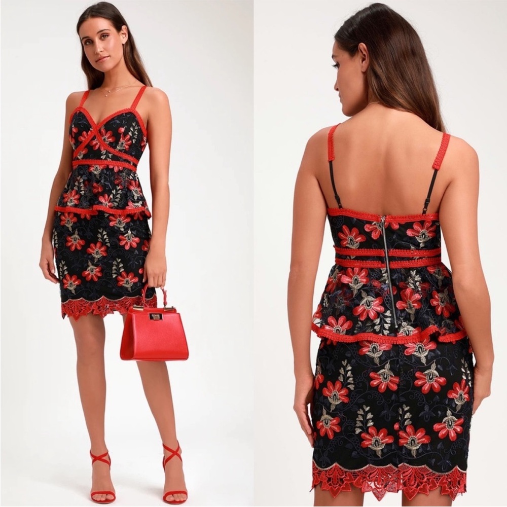Lulus Karina Black and Red Floral Embroidered Peplum Dress S NWT